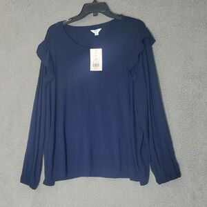 Crown & Ivy Navy Long Sleeve Top with Ruffle Accents Women's Size 3x